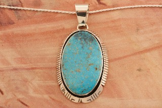 3" Long Genuine Kingman Turquoise Sterling Silver Native American Pendant